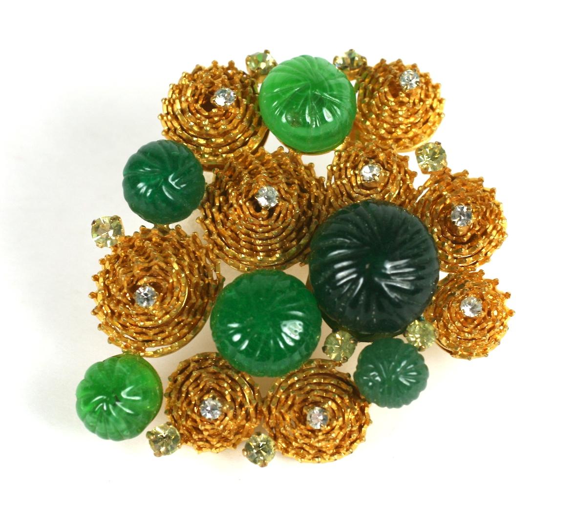 Maison Gripoix for Yves Saint Laurent Haute Couture sea urchin brooch. Of emerald light and dark mellon cut Gripoix glass cabochons, prong set citrine and crystal pastes and fine gilded coiled chain and wire work. Hand made.
Excellent Condition,