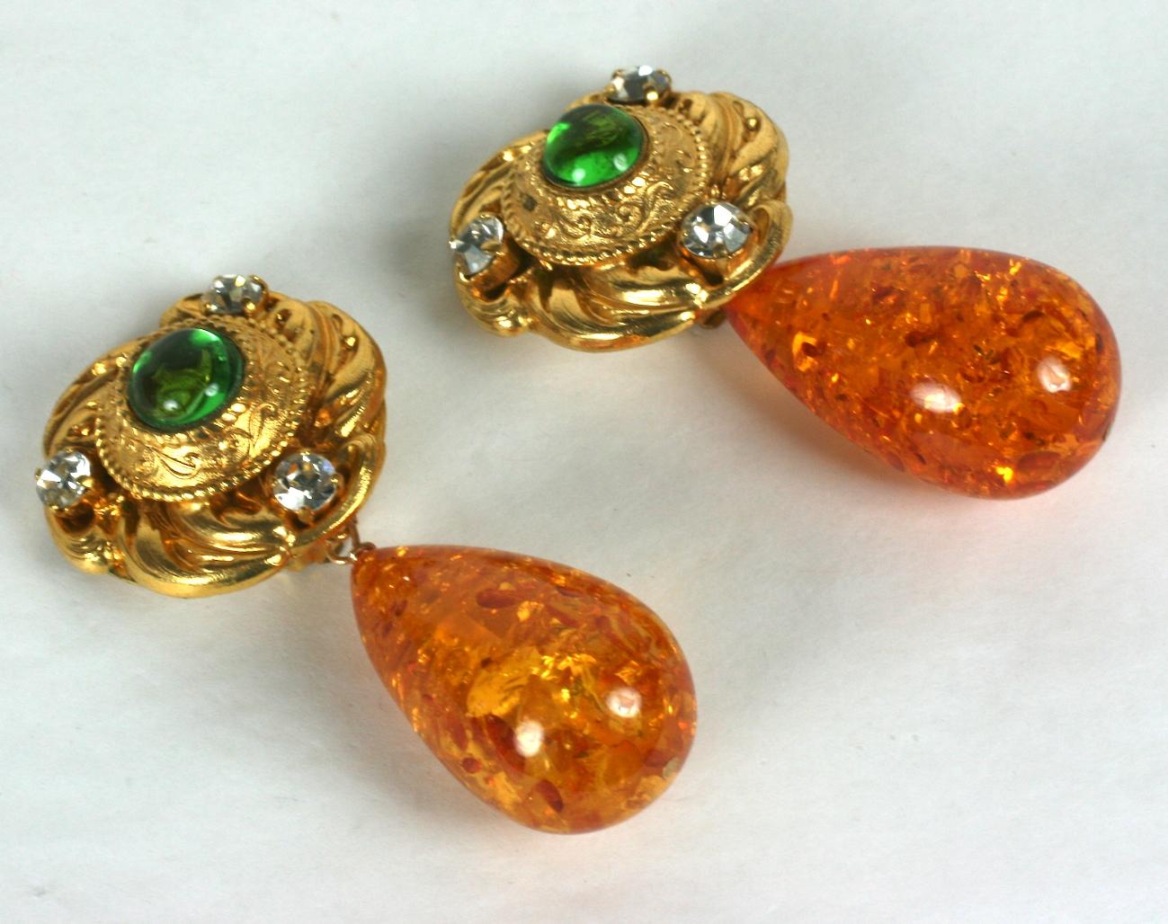 Pear Cut Maison Gripoix for Yves Saint Laurent Poured Glass and Amber Earrings For Sale