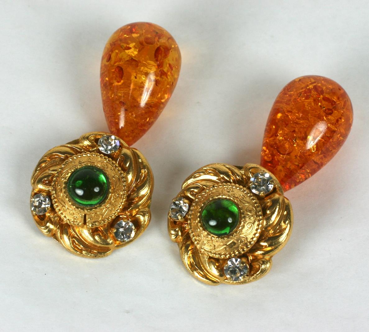 Maison Gripoix for Yves Saint Laurent Poured Glass and Amber Earrings In Excellent Condition For Sale In New York, NY