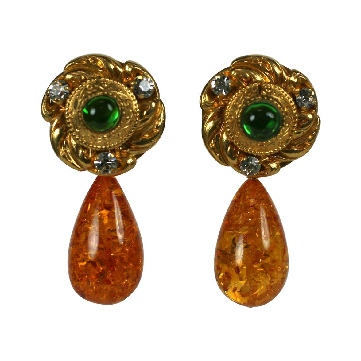 Maison Gripoix for Yves Saint Laurent Poured Glass and Amber Earrings For Sale