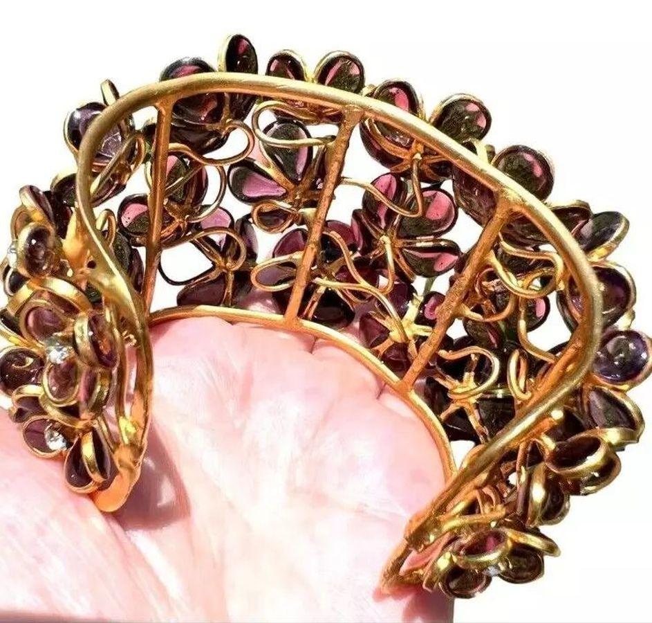 Maison Gripoix France Purple Glass Amethyst Diamante Cuff Statement Bracelet For Sale 5