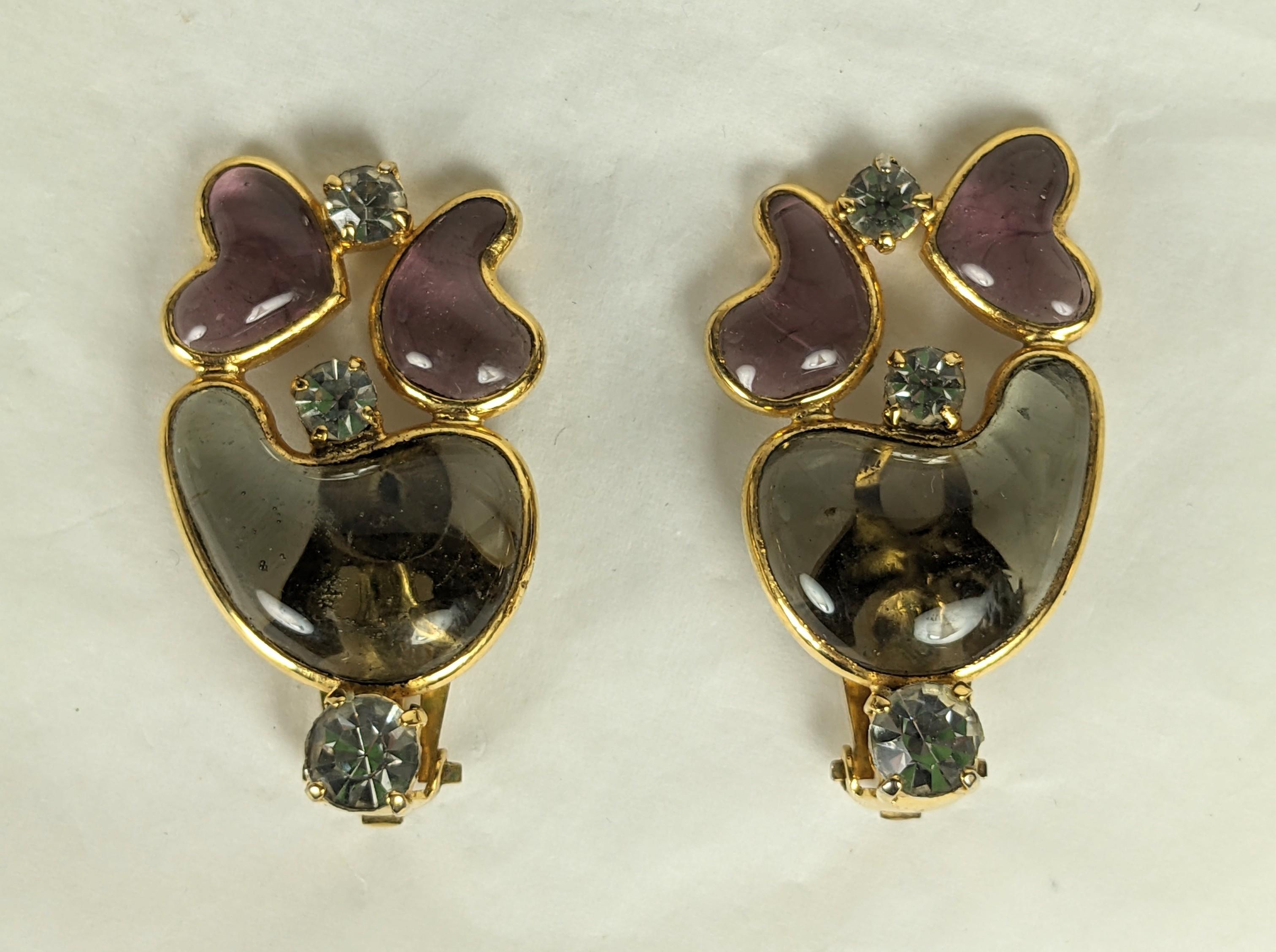 Unusual Maison Gripoix Paisley and Heart Form Earrings from the 1980's. Handmade with poured glass in grey and amythest with crystal pastes and clip back fittings, possibly for YSL. 1.5