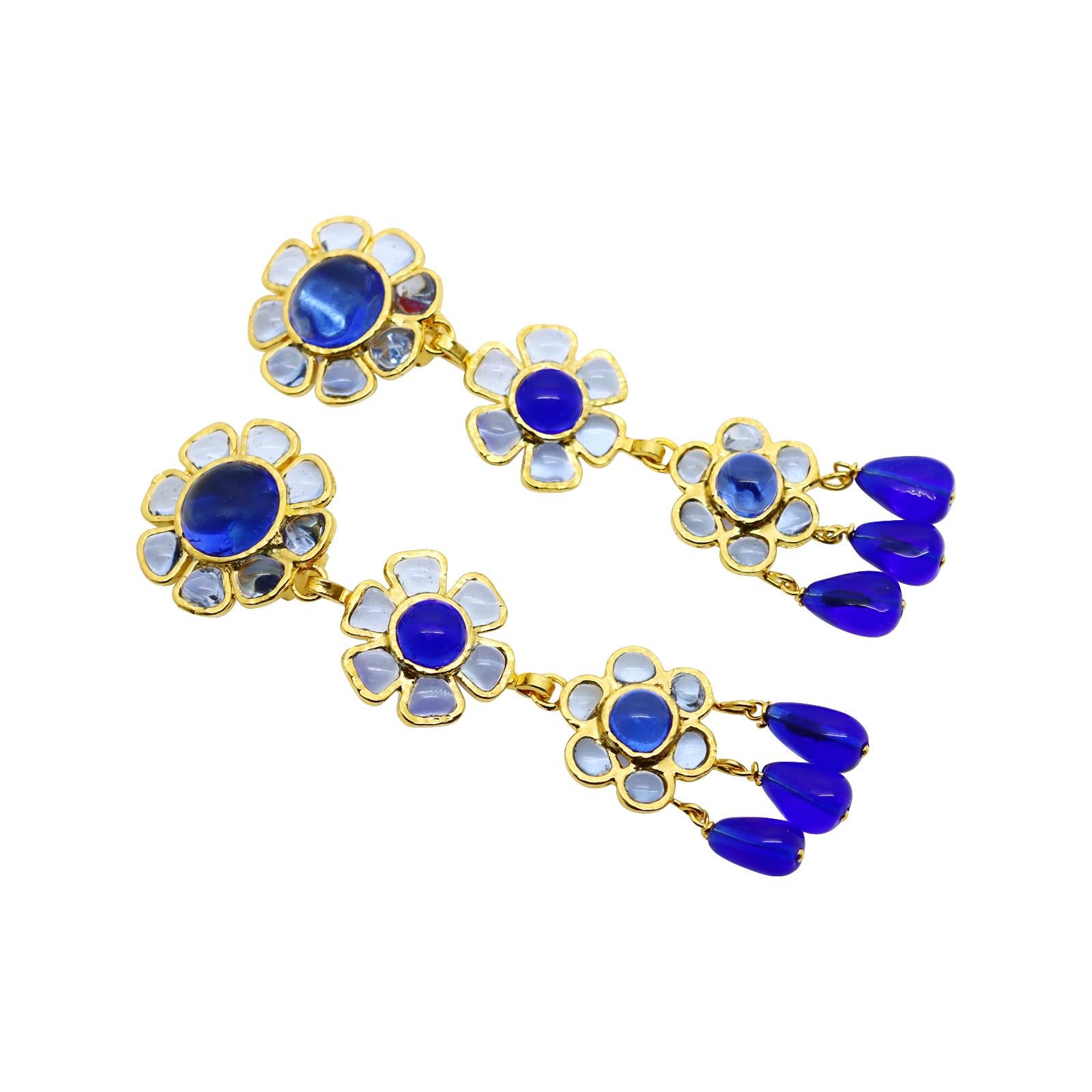 Women's or Men's Maison Gripoix Vintage Blue and Light Blue Flower Dangling Earrings Circa 1980s For Sale