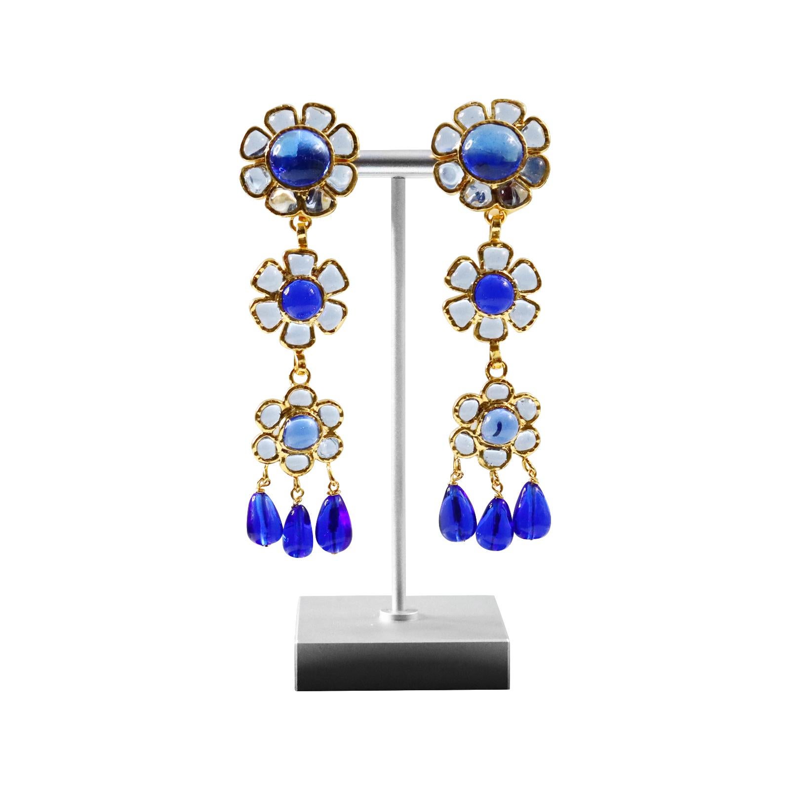Maison Gripoix Vintage Blue and Light Blue Flower Dangling Earrings Circa 1980s For Sale 4