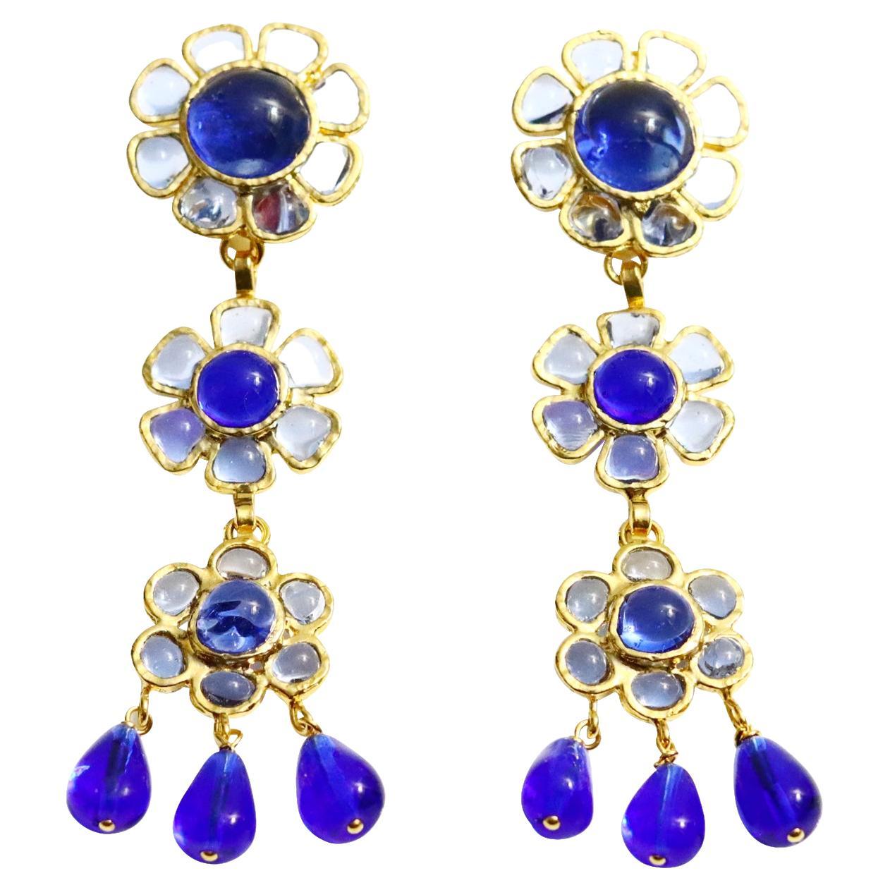 Maison Gripoix Vintage Blue and Light Blue Flower Dangling Earrings Circa 1980s
