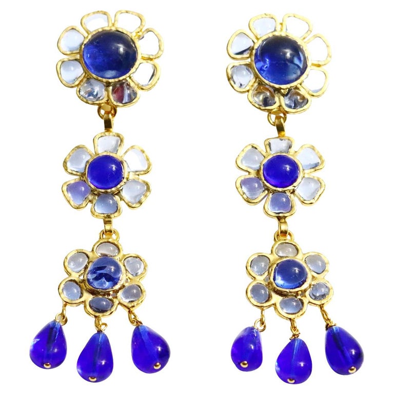Maison Gripoix Vintage Blue and Light Blue Flower Dangling Earrings For Sale