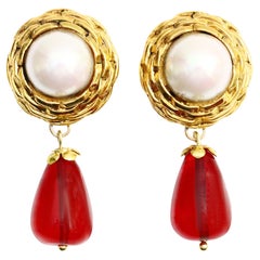 Maison Gripoix Vintage Faux Pearl and Red Dangling Earrings Circa 1980s