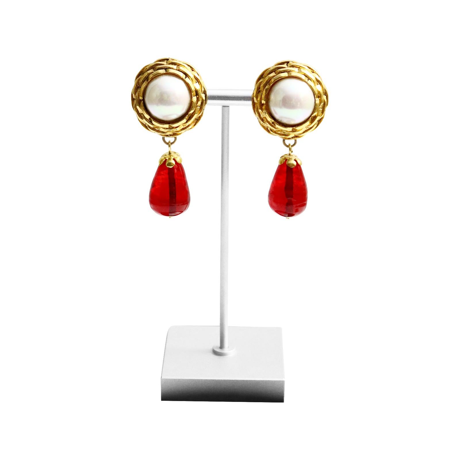 Artist Maison Gripoix Vintage Faux Pearl and Red Dangling Earrings Circa 1980s For Sale