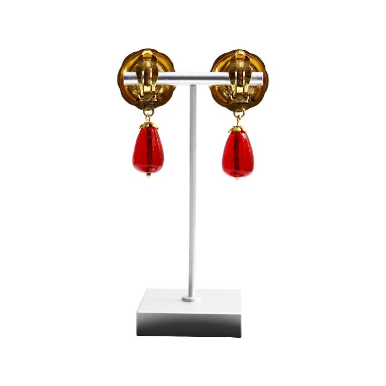Maison Gripoix Vintage Faux Pearl and Red Dangling Earrings Circa 1980s For Sale 1