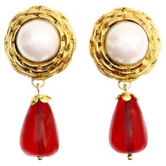 Maison Gripoix Vintage Faux Pearl and Red Dangling Earrings Circa 1980s