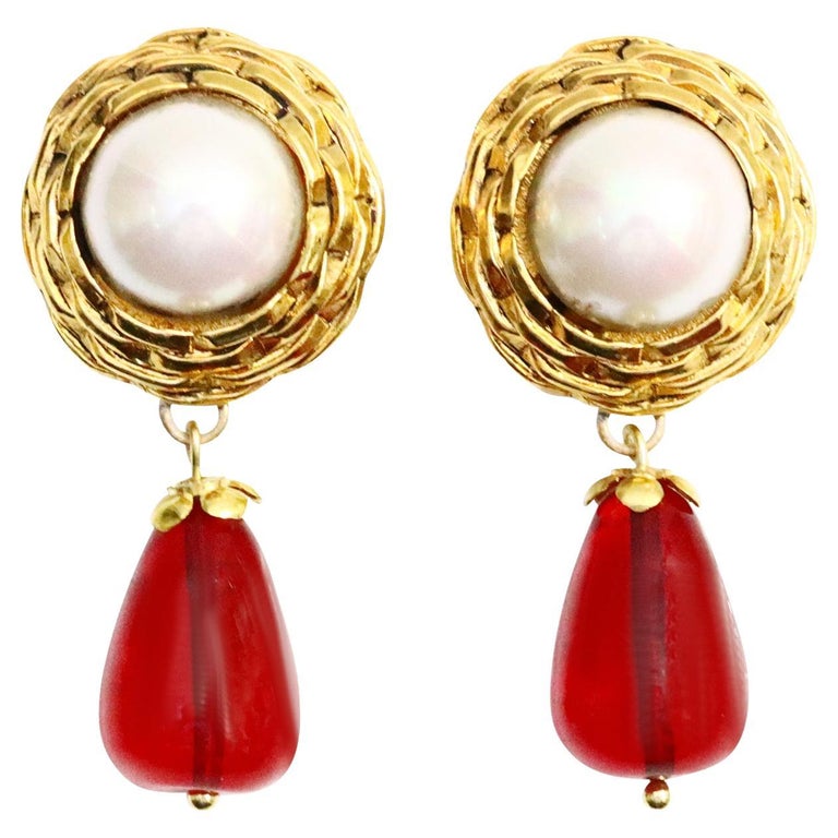 Maison Gripoix Vintage Faux Pearl and Red Dangling Earrings Circa 1980s For Sale