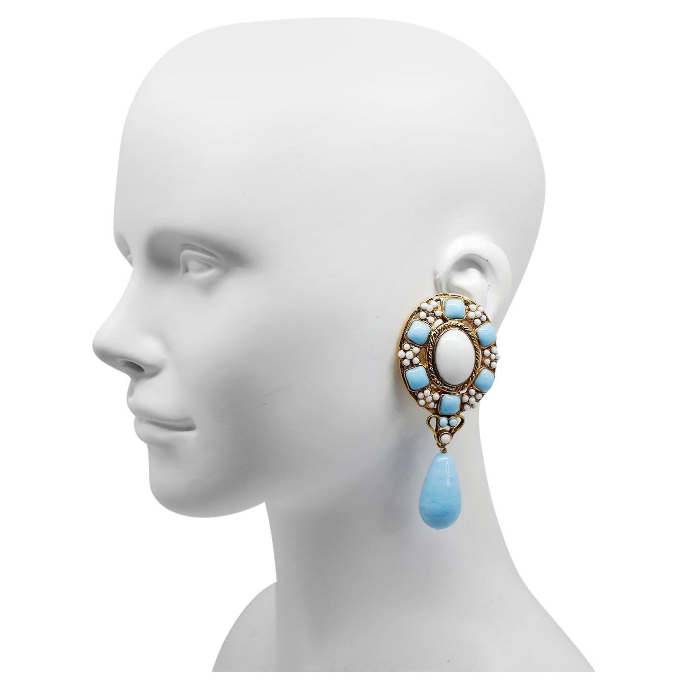 Maison Gripoix Vintage Faux Turquoise and White Dangling Earrings  set in Gold Tone. These just ooze class and style.  They will always be in style.  They look very Palm Beach or the Hamptons or the South of France or any amazing place that you can