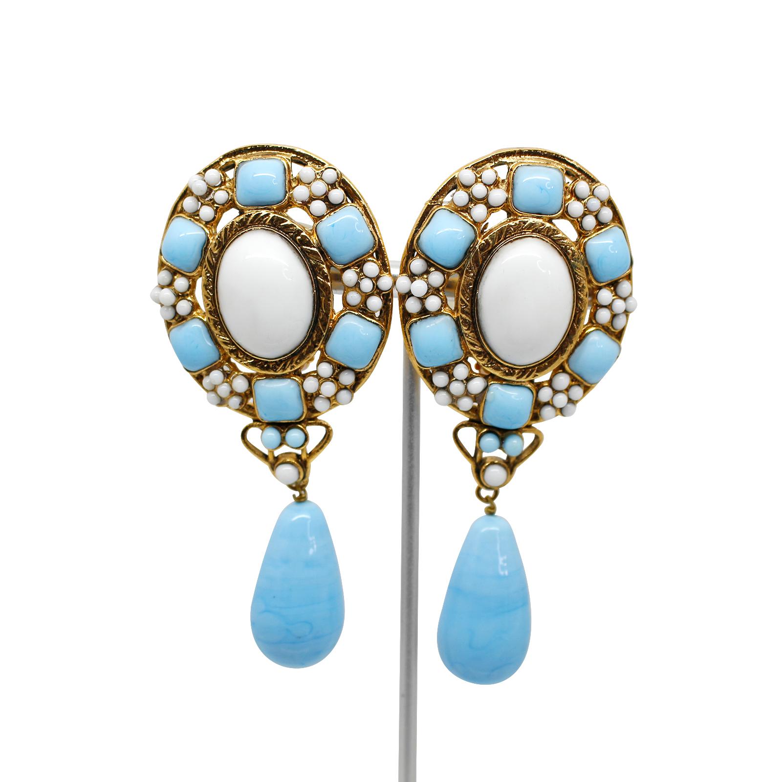 Artist Maison Gripoix Vintage Faux Turquoise and White Dangling Earrings Circa 1980s