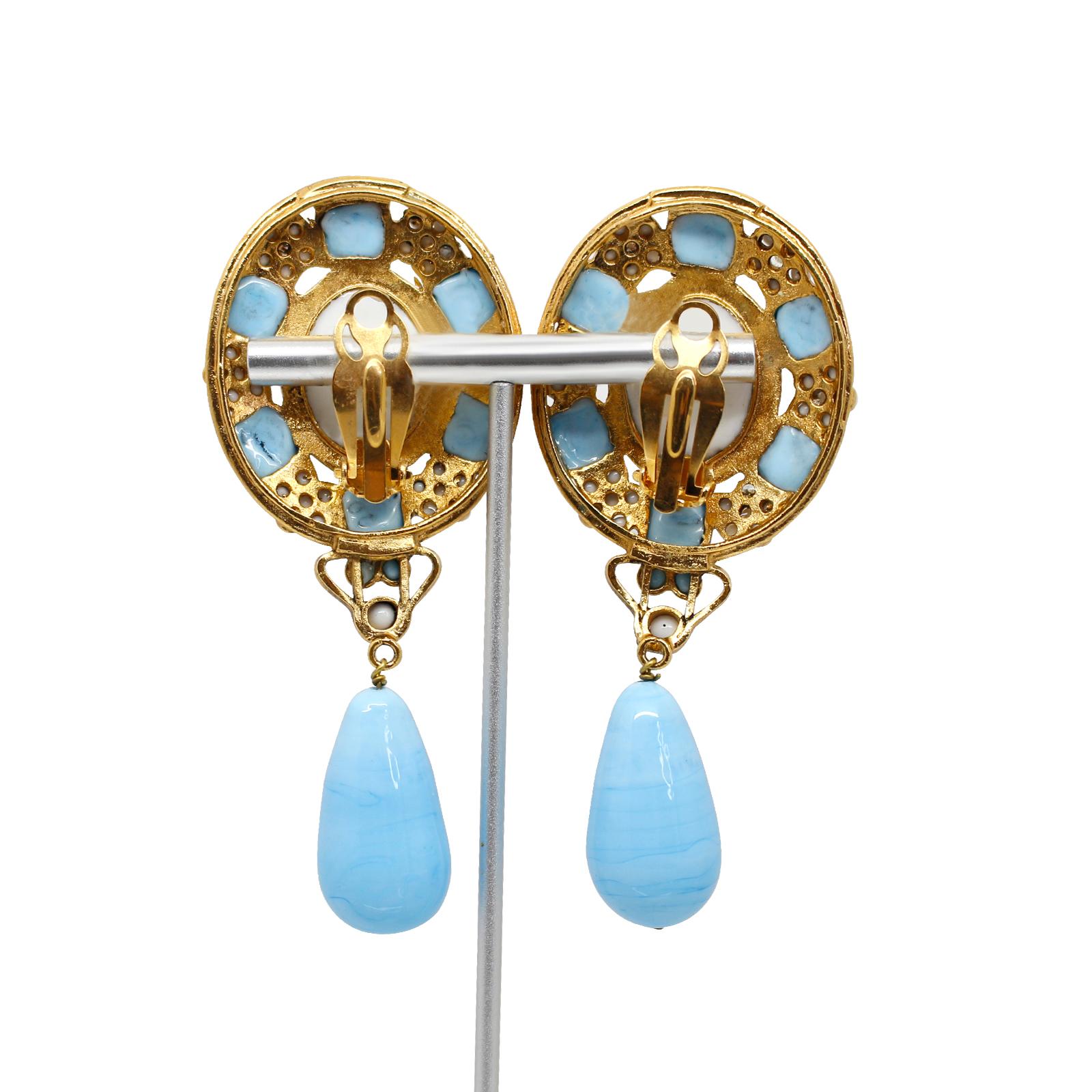 Maison Gripoix Vintage Faux Turquoise and White Dangling Earrings Circa 1980s In Excellent Condition In New York, NY