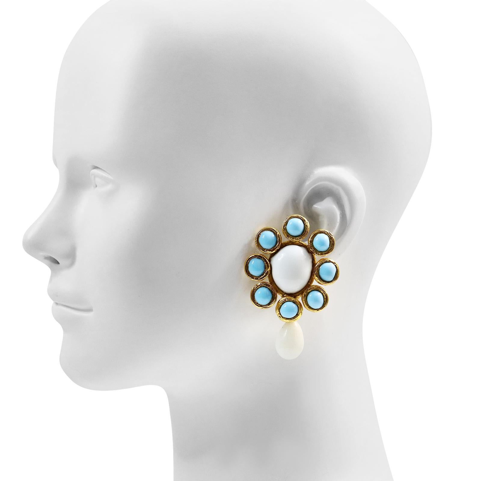 Maison Gripoix Vintage Faux Turquoise and White Dangling Earrings Circa 1980s In Good Condition For Sale In New York, NY