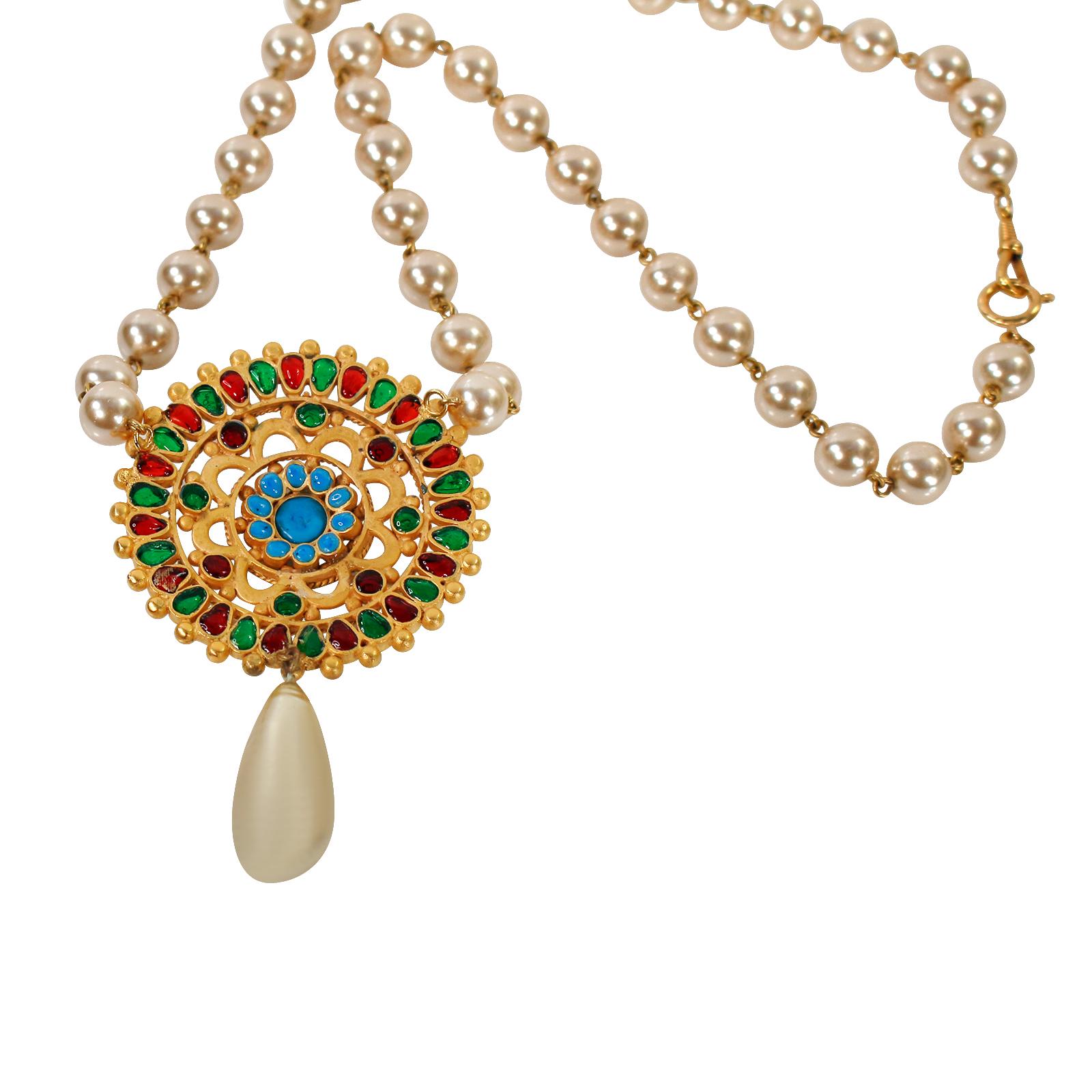 Maison Gripoix Vintage Necklace Multi Color Dangling Pearl Necklace Circa 1990s 3