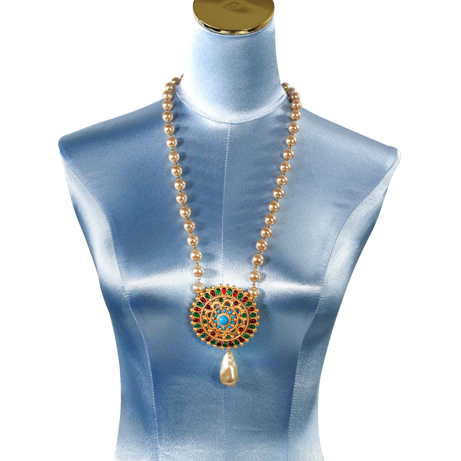 Women's Maison Gripoix Vintage Necklace Multi Color Dangling Pearl Necklace Circa 1990s
