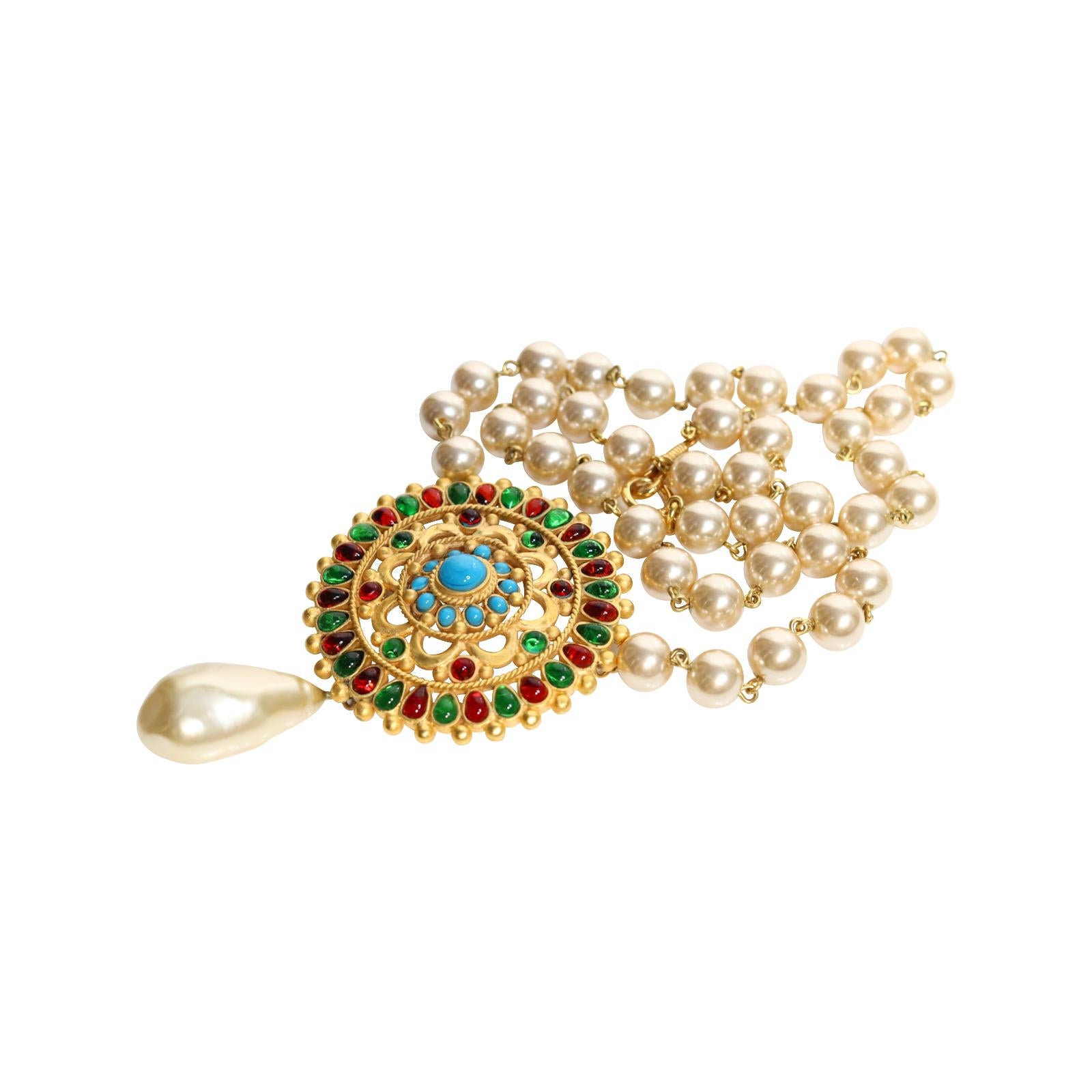 Maison Gripoix Vintage Necklace Multi Color Dangling Pearl Necklace Circa 1990s 7