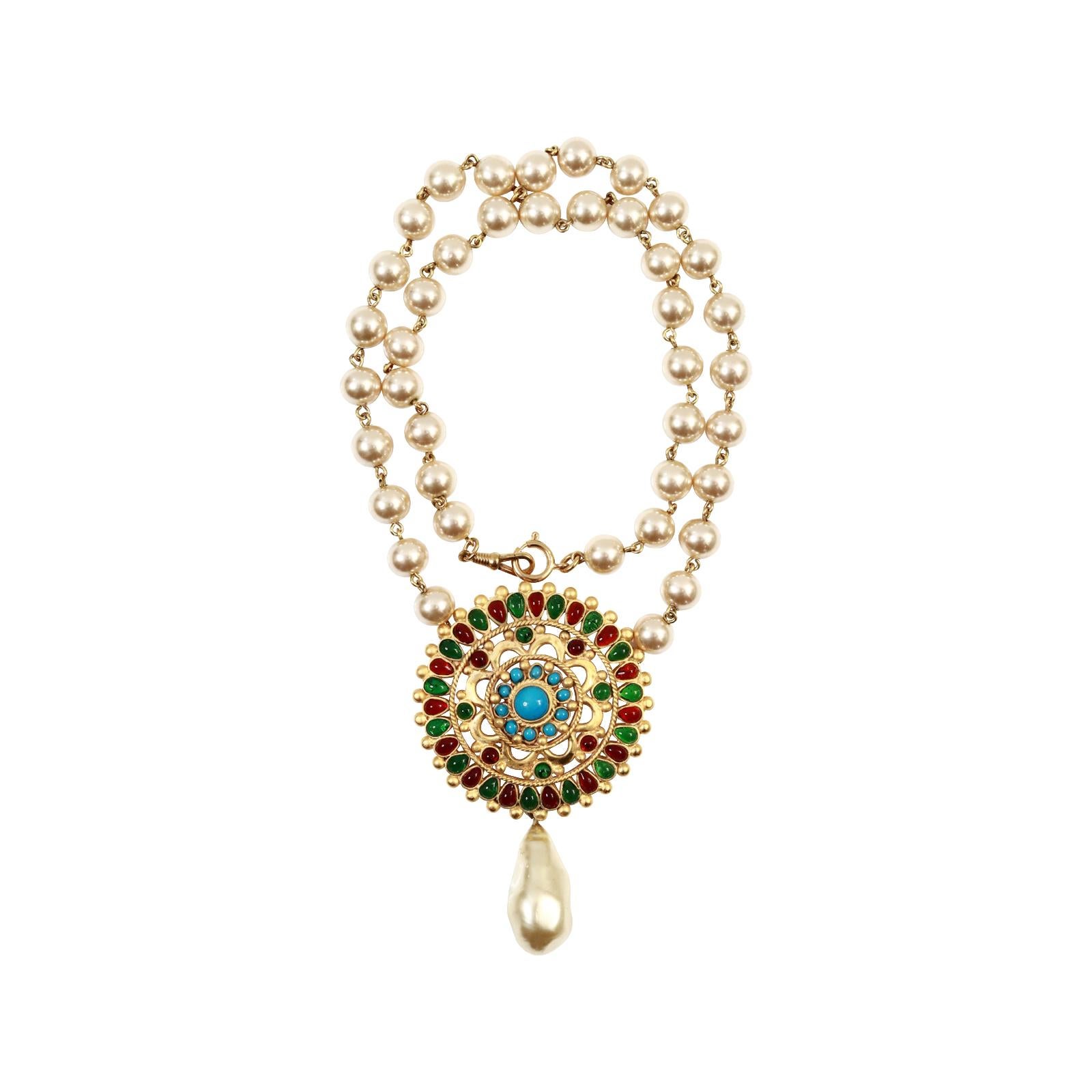 Maison Gripoix Vintage Necklace Multi Color Dangling Pearl Necklace Circa 1990s
