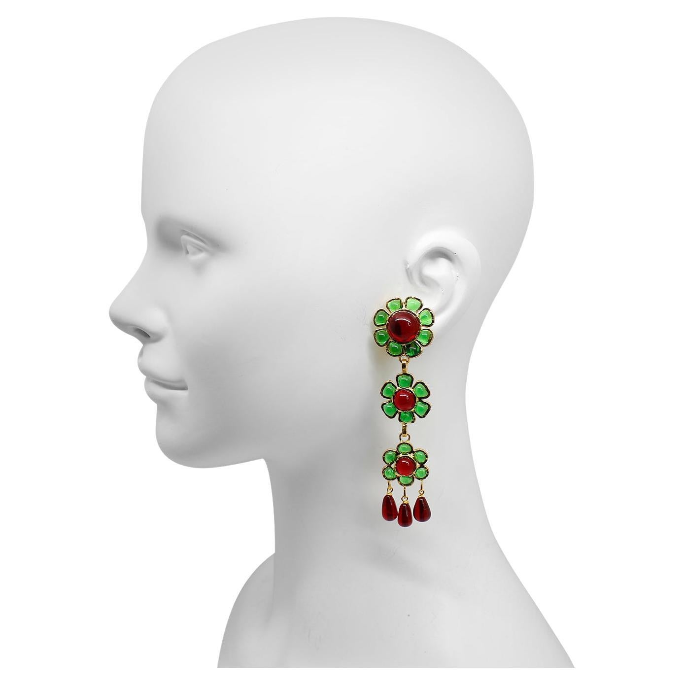 Maison Gripoix Vintage Red and Green Flower Dangling Earrings Set in Gold Tone.  These are some of the most gorgeous earrings I have in the collection. The colors of course and the way they are made.  They are just special.  They will always be