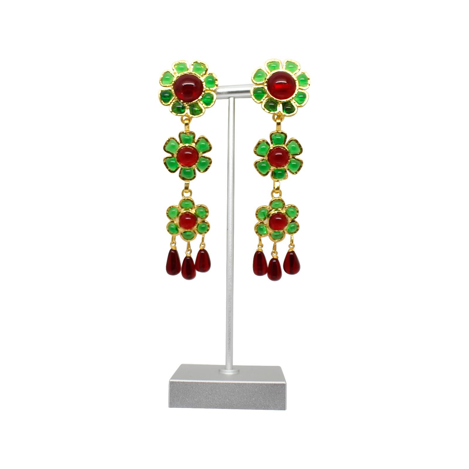 Artist Maison Gripoix Vintage Red and Green Flower Dangling Earrings Circa 1980s For Sale