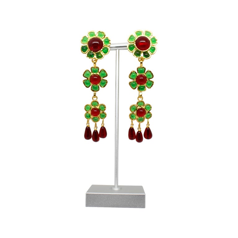 Artist Maison Gripoix Vintage Red and Green Flower Dangling Earrings Circa 1980s For Sale
