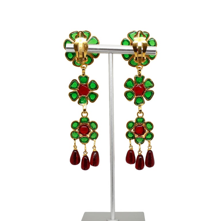 Women's Maison Gripoix Vintage Red and Green Flower Dangling Earrings Circa 1980s For Sale