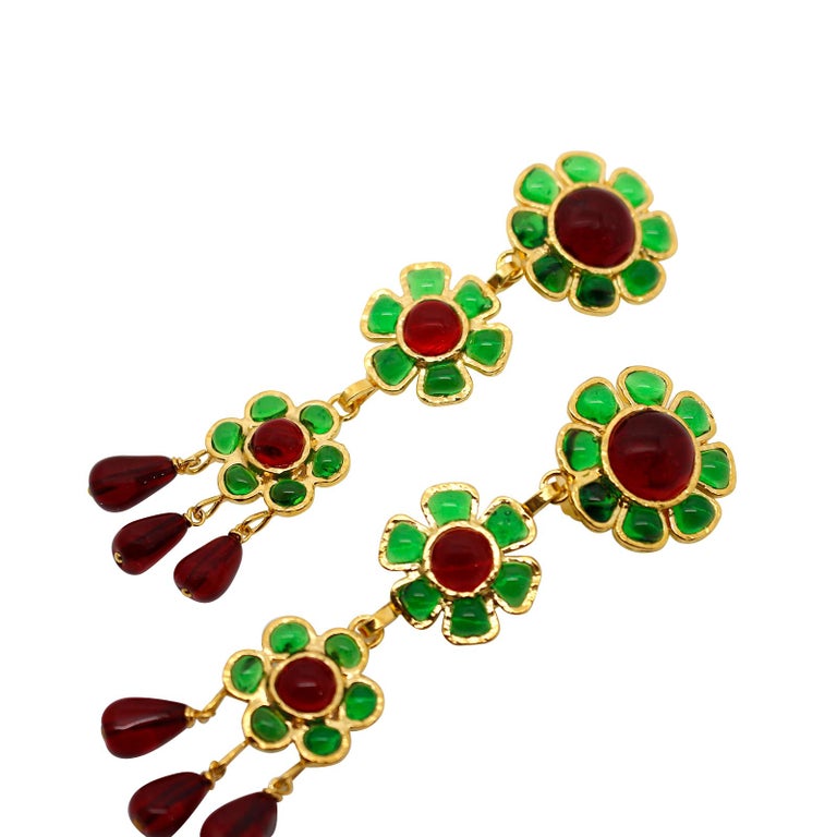 Maison Gripoix Vintage Red and Green Flower Dangling Earrings Circa 1980s For Sale 1