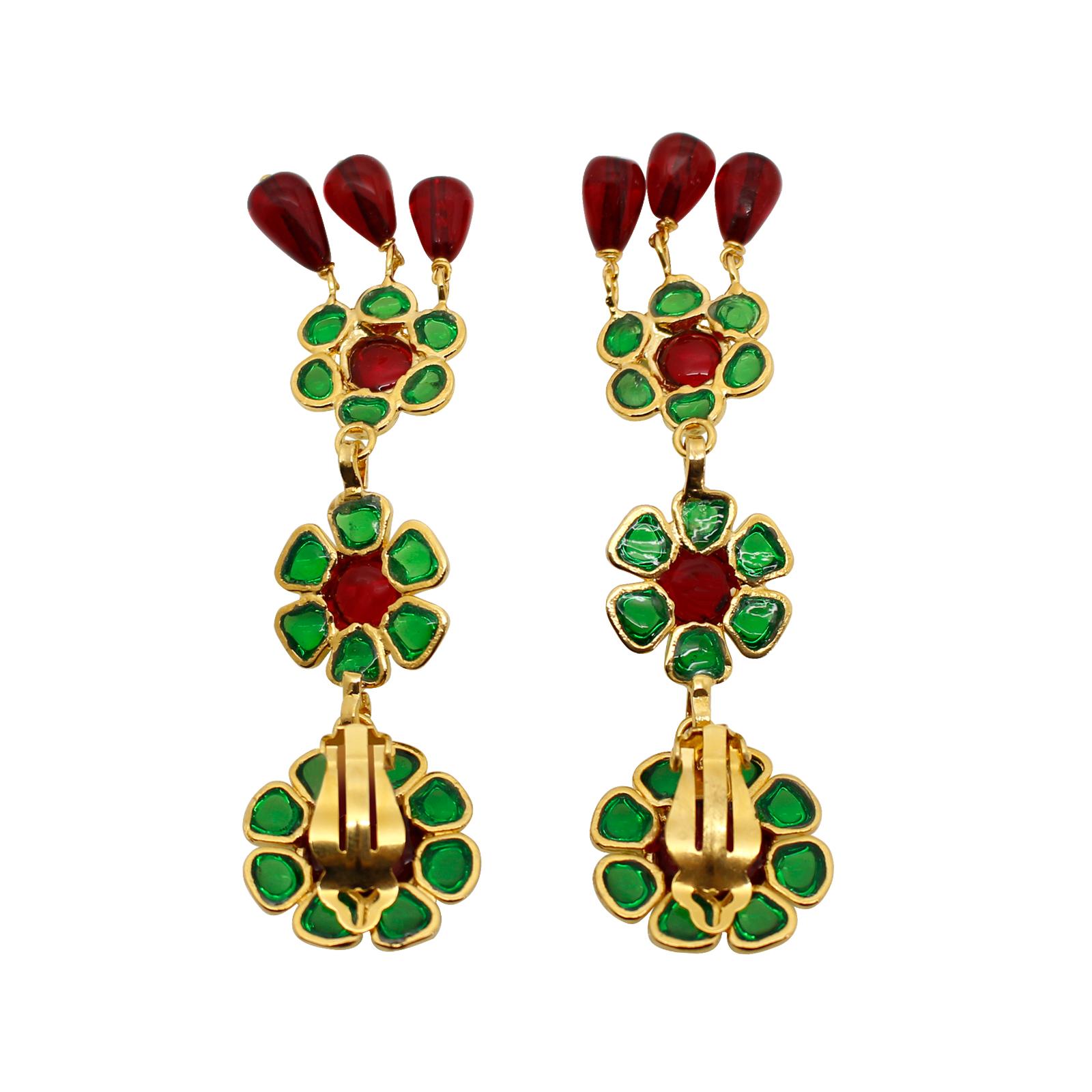 Maison Gripoix Vintage Red and Green Flower Dangling Earrings Circa 1980s For Sale 2