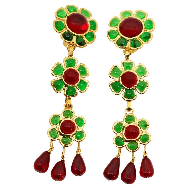 Maison Gripoix Vintage Red and Green Flower Dangling Earrings Circa 1980s For Sale