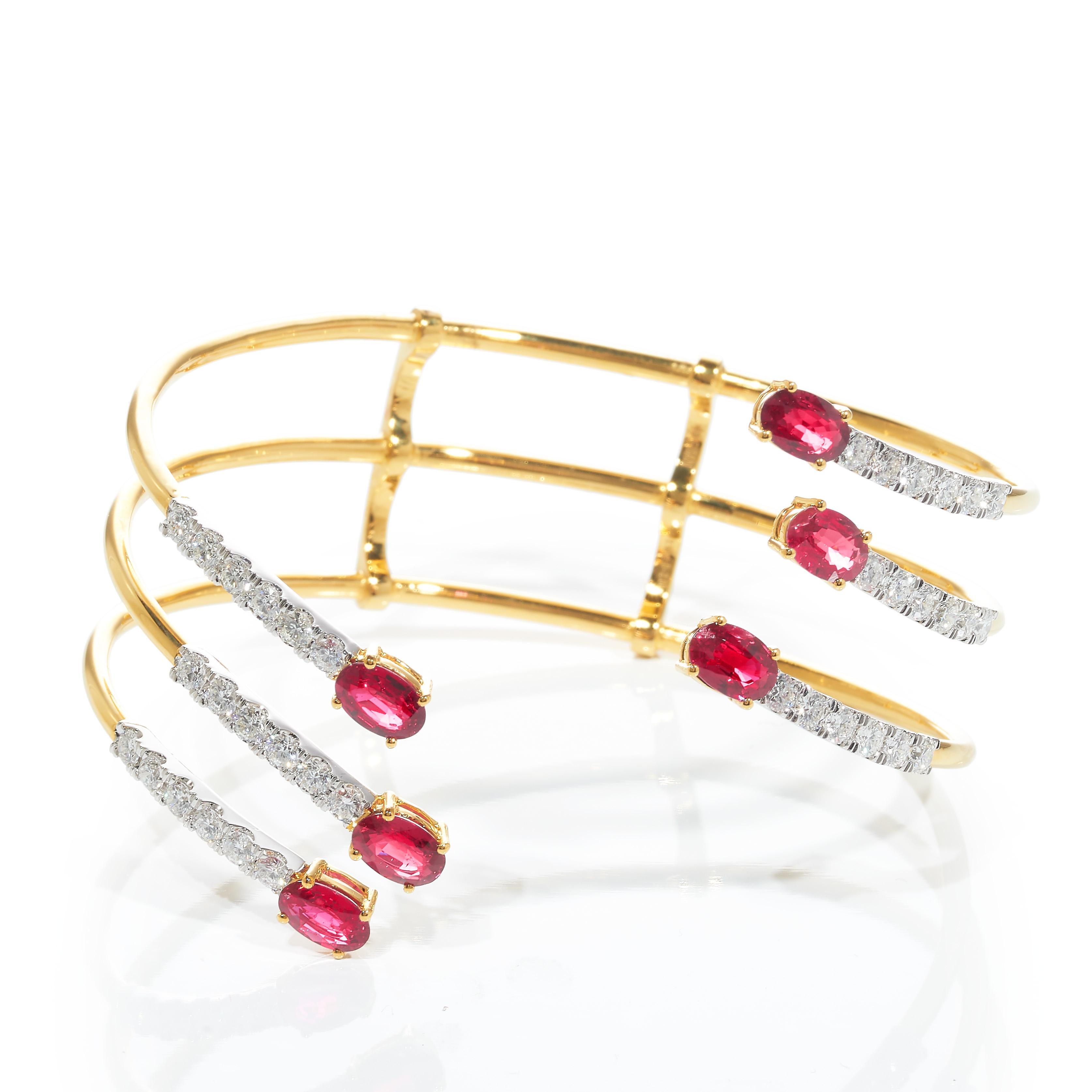 Contemporary 3-Prong Bracelet, 18 Karat Yellow and White Gold, Ruby, Diamonds Bangle For Sale