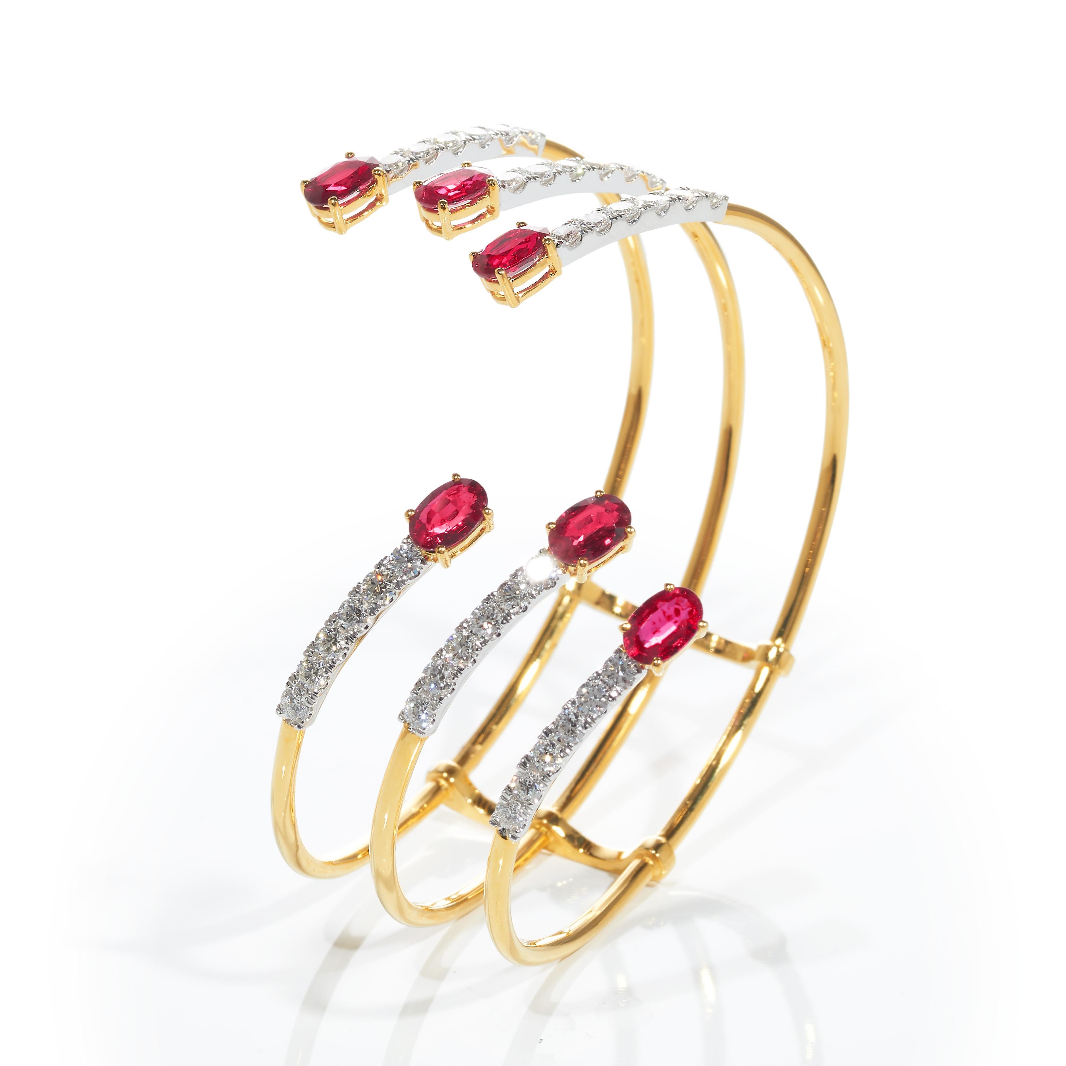 Oval Cut 3-Prong Bracelet, 18 Karat Yellow and White Gold, Ruby, Diamonds Bangle For Sale