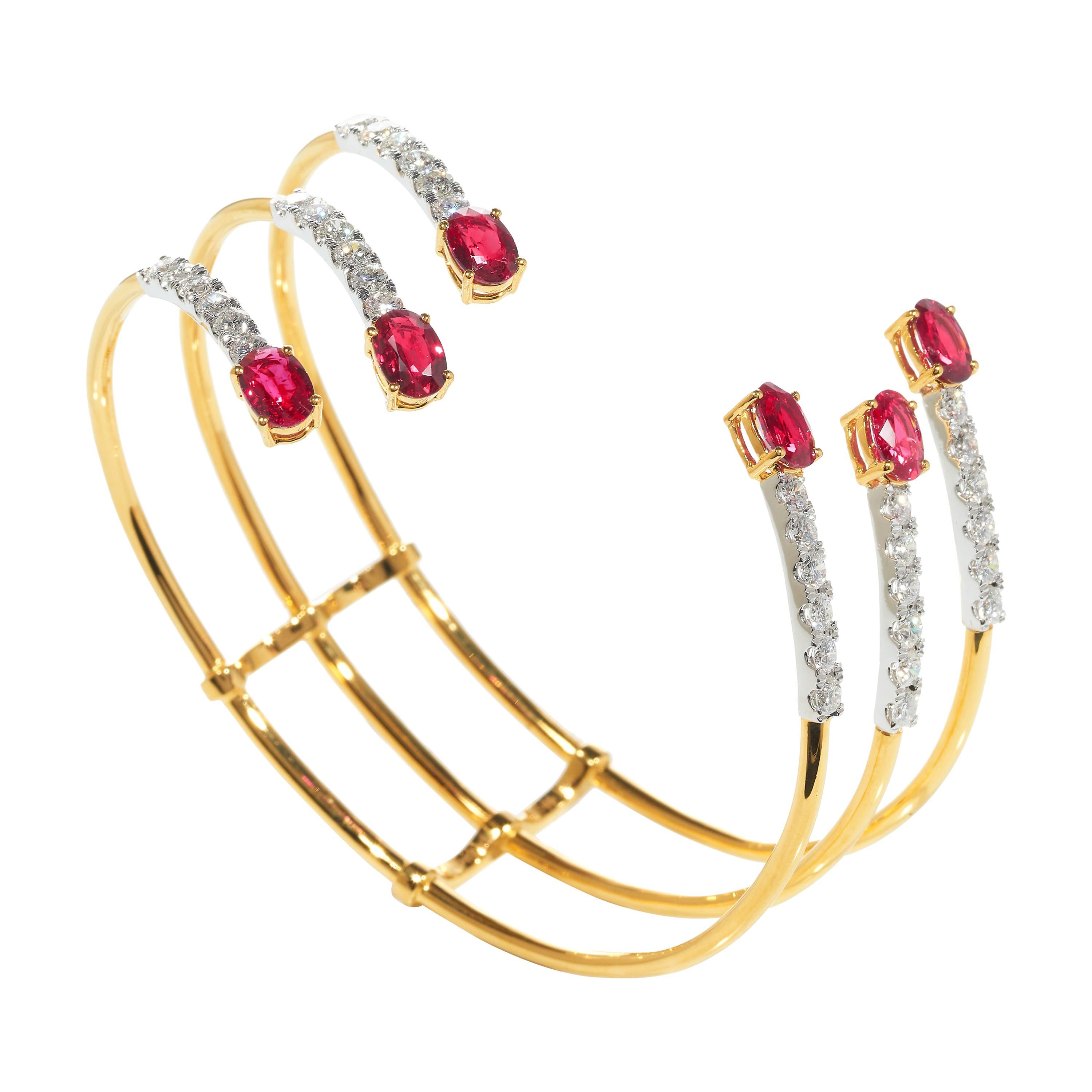 3-Prong Bracelet, 18 Karat Yellow and White Gold, Ruby, Diamonds Bangle For Sale