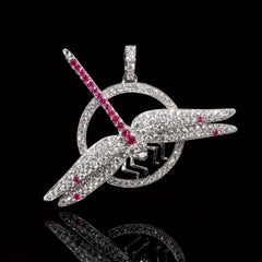 Dragonfly, 18 Karat White Gold, Pink Sapphire, Diamonds Pendant