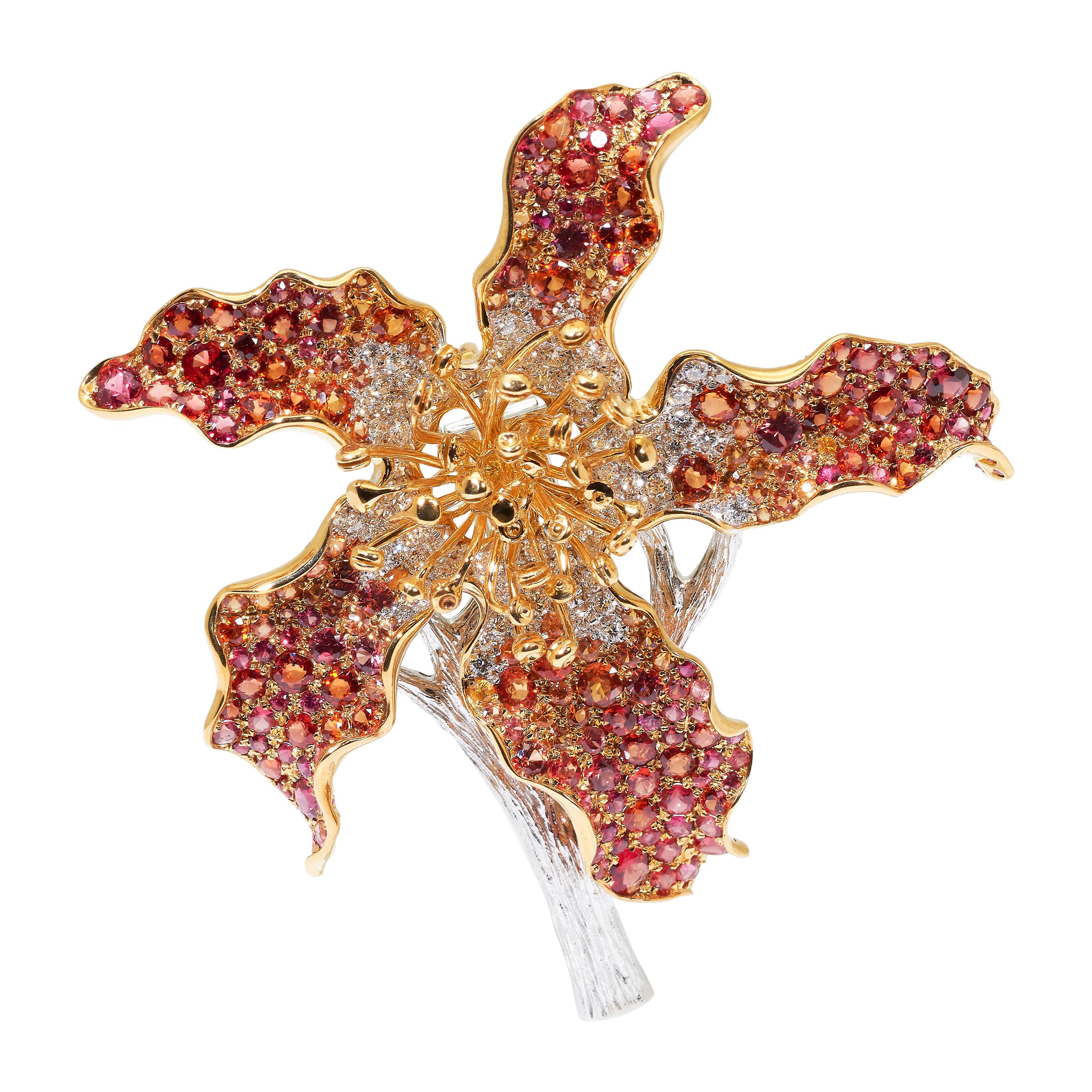 Full Bloom, 18 Karat Yellow and White Gold, Spinel, Diamonds Brooch For Sale