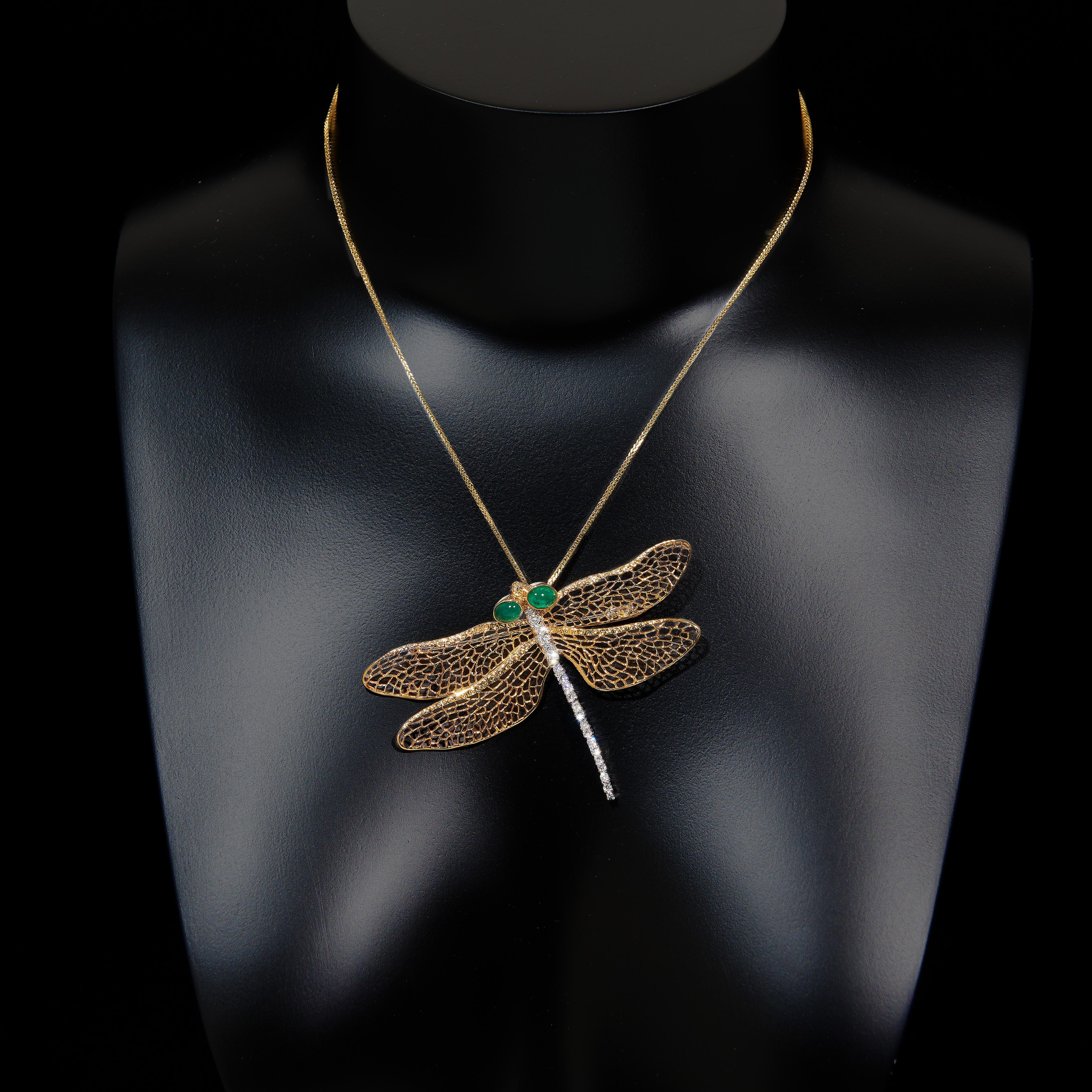 Contemporary Light Wings, 18 Karat Yellow and White Gold, Emeralds and Diamonds Brooch For Sale