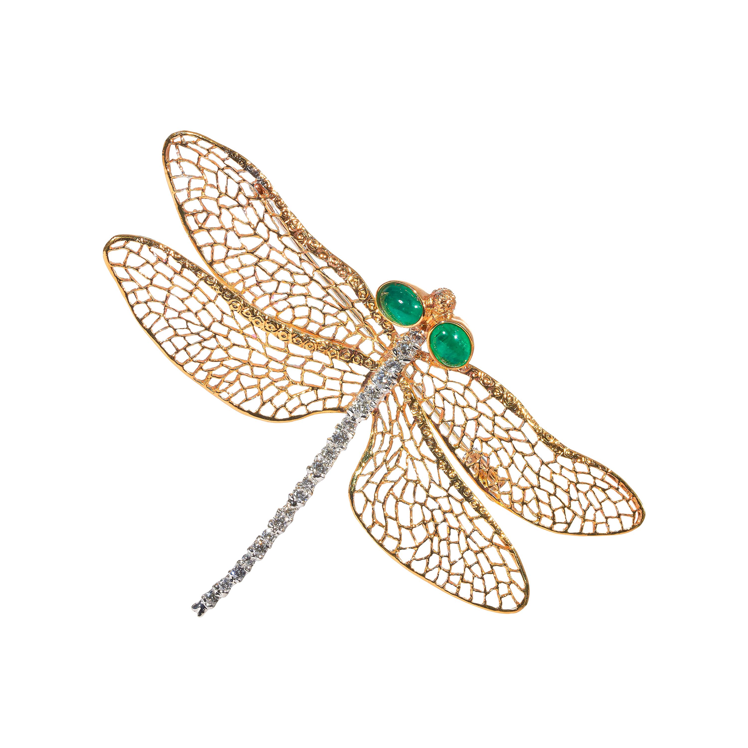 Light Wings, 18 Karat Yellow and White Gold, Emeralds and Diamonds Brooch For Sale