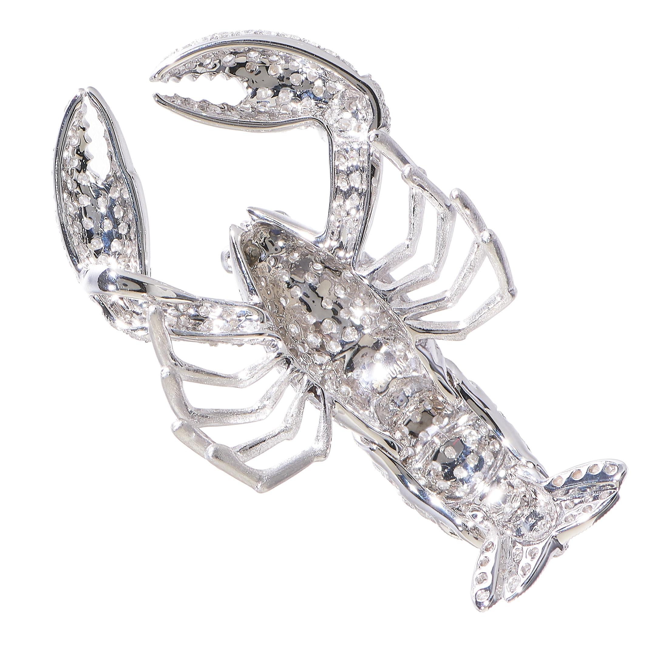 Contemporary Lobster, 18 Karat White Gold, Sapphire, Diamonds Pendant For Sale