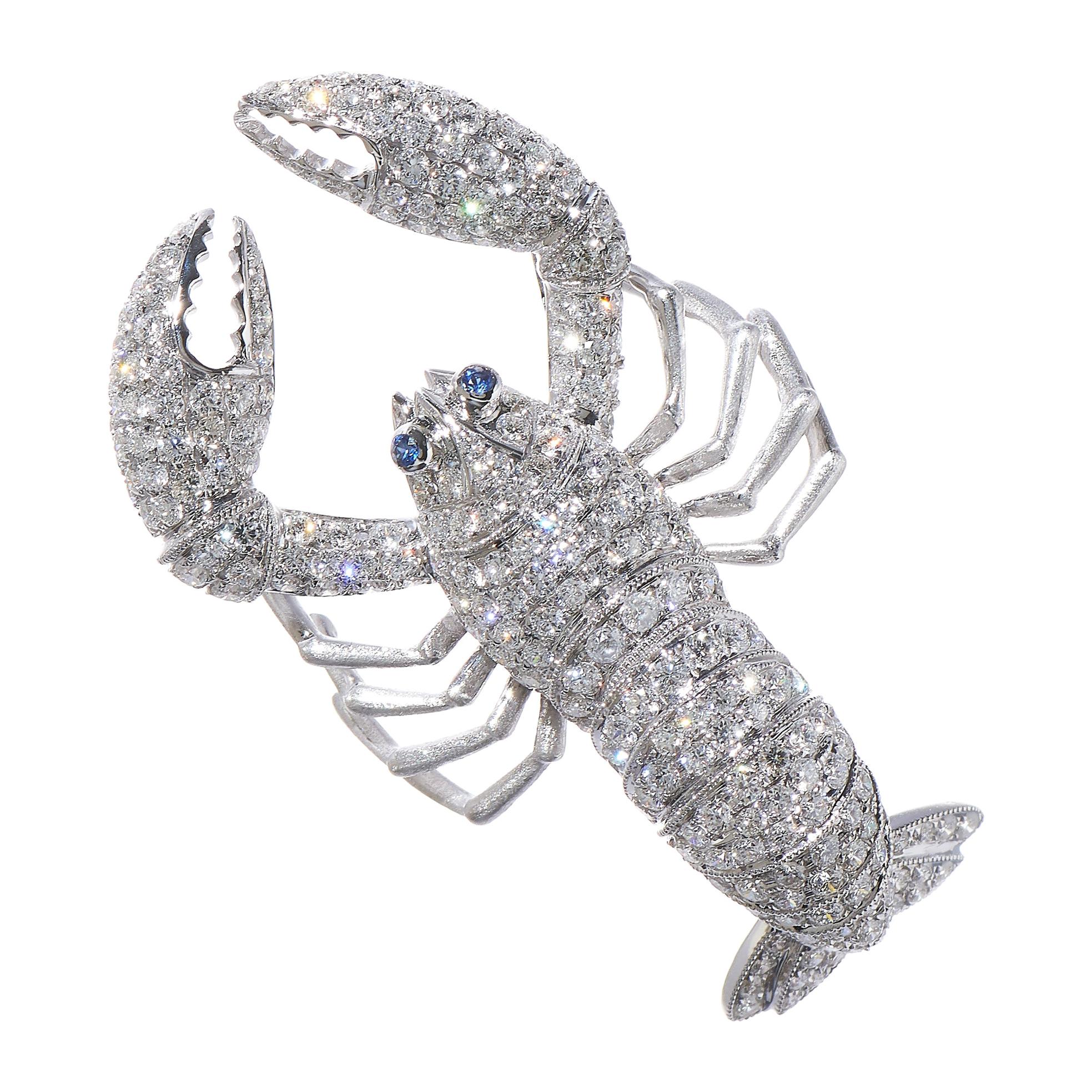 Lobster, 18 Karat White Gold, Sapphire, Diamonds Pendant For Sale