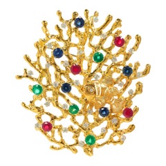 Ocean, 18 Karat Gold, Ruby, Sapphire, Emerald, Diamonds Brooch