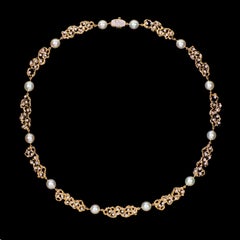 Pearl Beads, 18 Karat Yellow and White Gold, Pearl, Diamonds Necklace