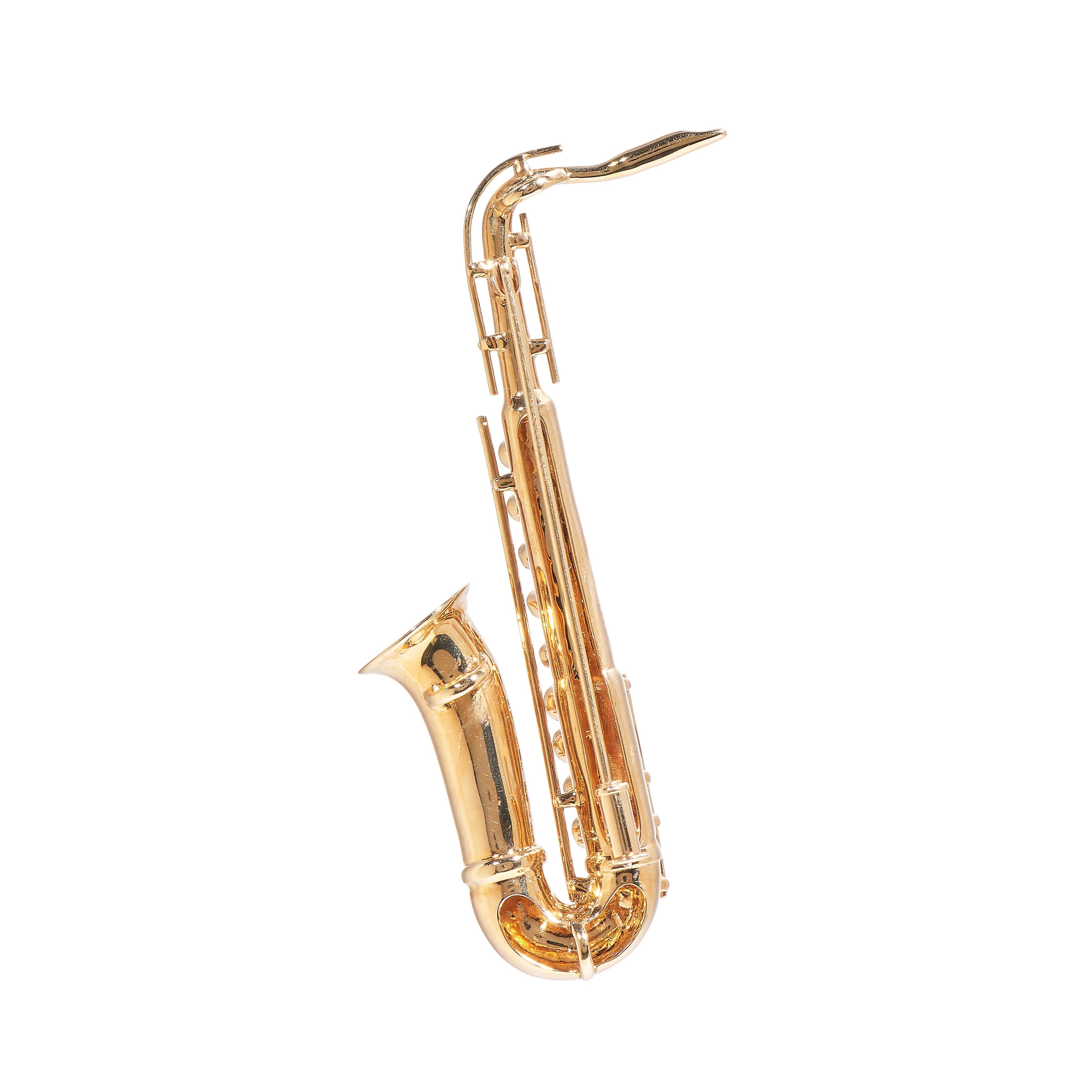 Round Cut Saxophone, 18 Karat Yellow Gold, Diamonds Brooch For Sale