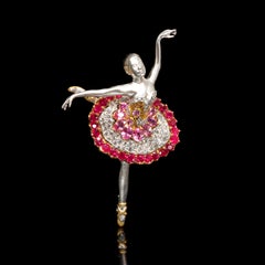 Swan Lake, 18 Karat Gold, Pink Sapphire, Ruby, Diamonds Brooch