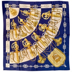 Hermes Scarf Cliquetis 90 cm silk blue beige Carre key chain 35