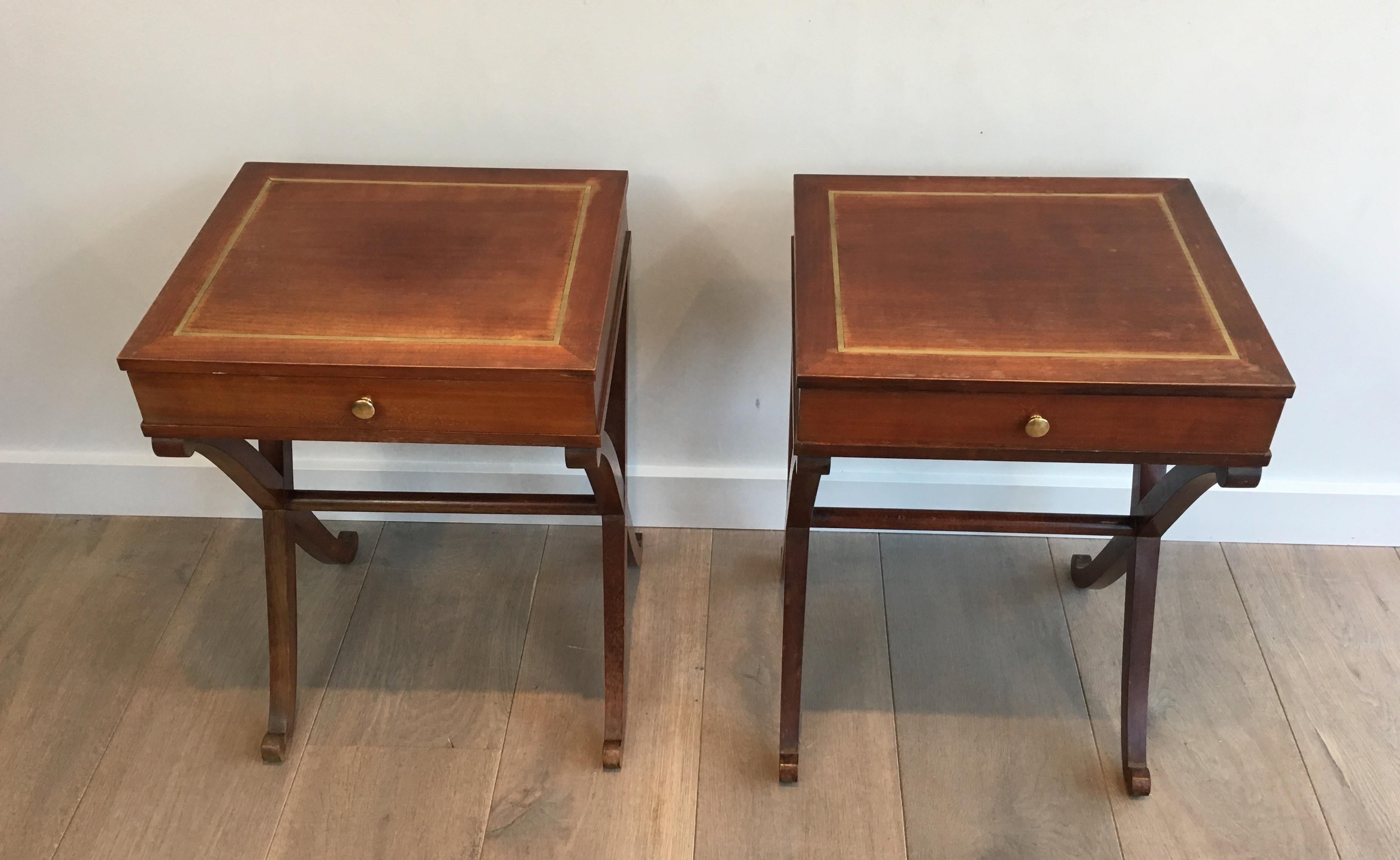 Maison Hirch, Pair of Mahogany and Brass Side Tables, French, circa 1940 12