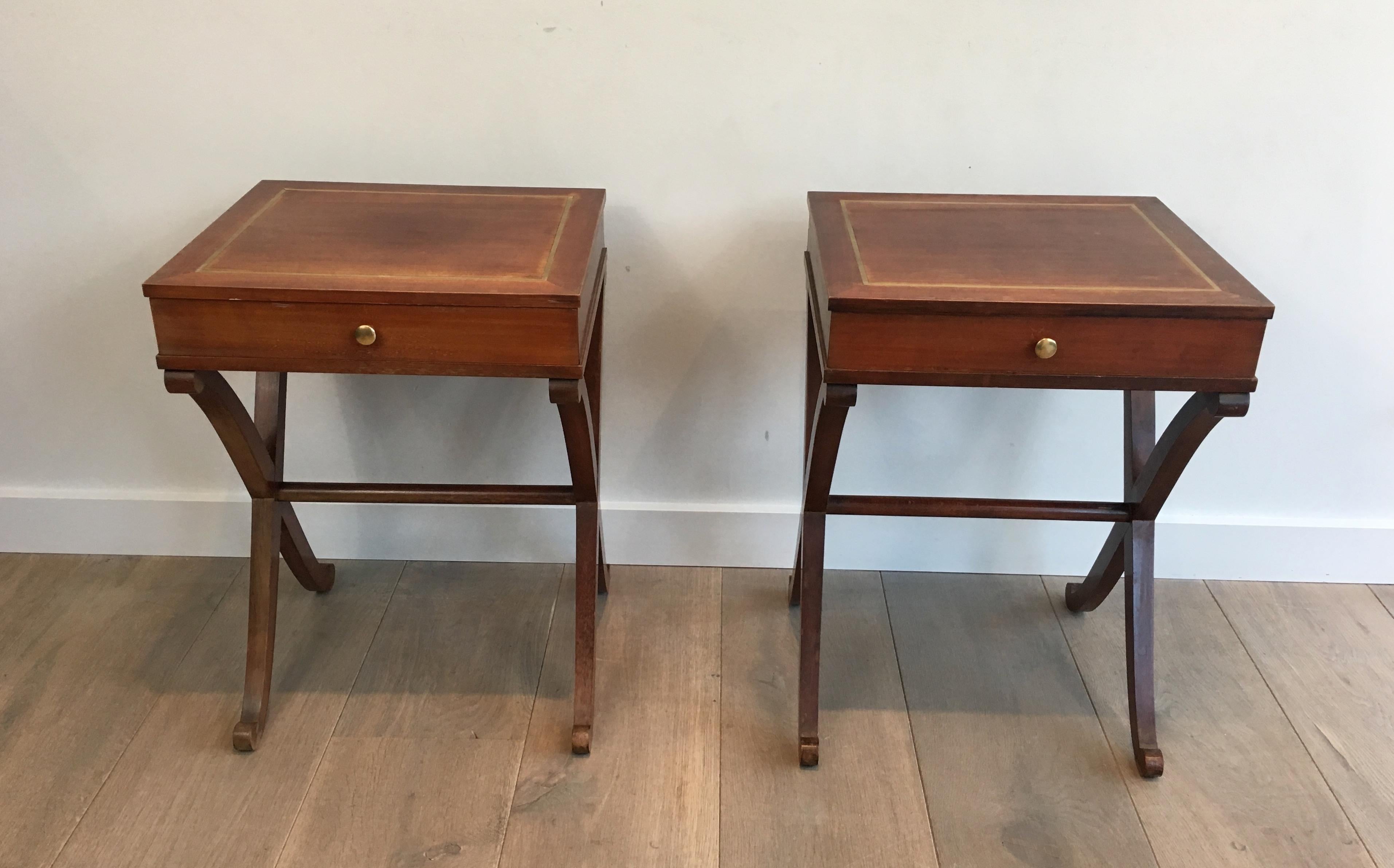 Maison Hirch, Pair of Mahogany and Brass Side Tables, French, circa 1940 13