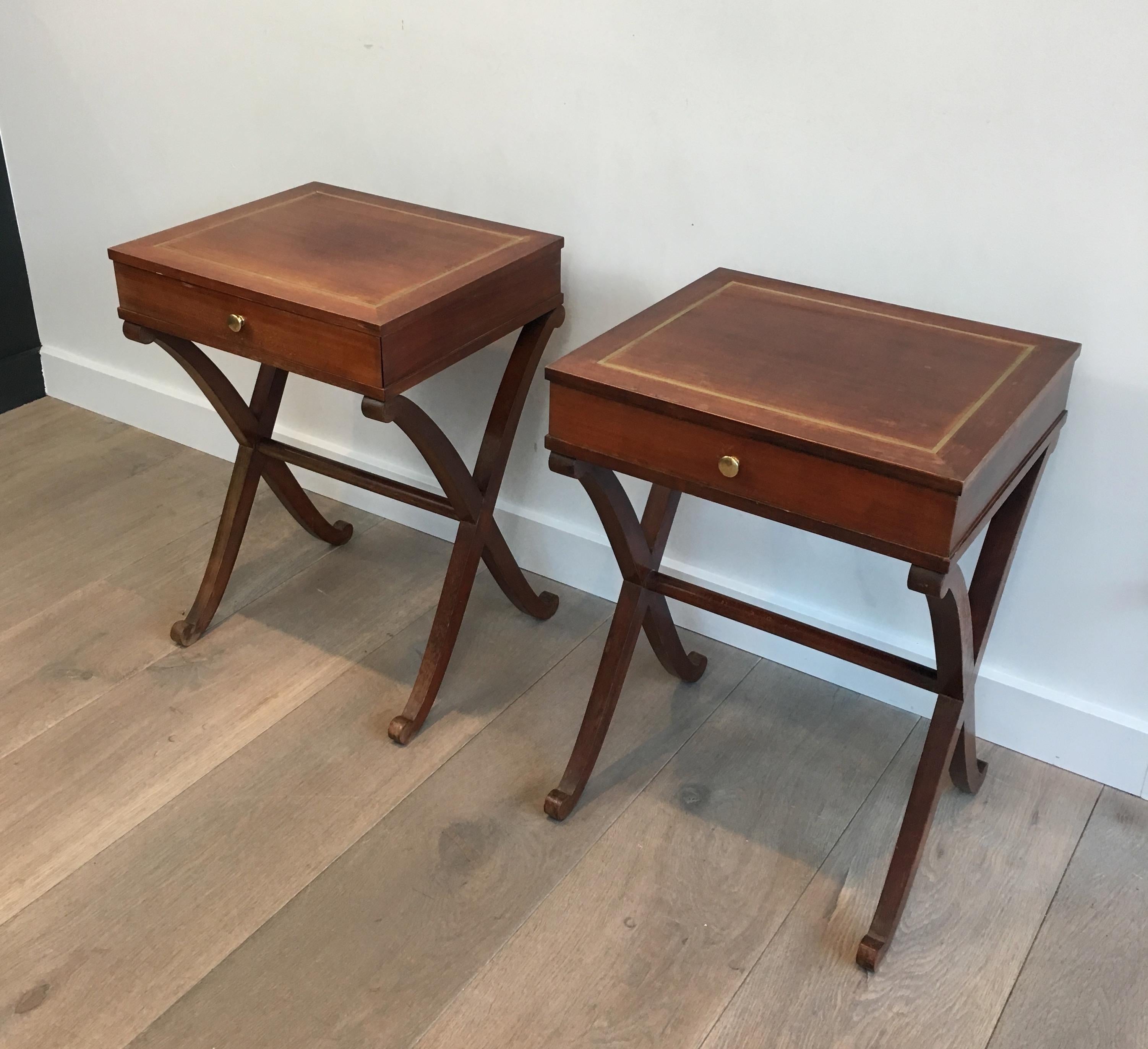 Maison Hirch, Pair of Mahogany and Brass Side Tables, French, circa 1940 14