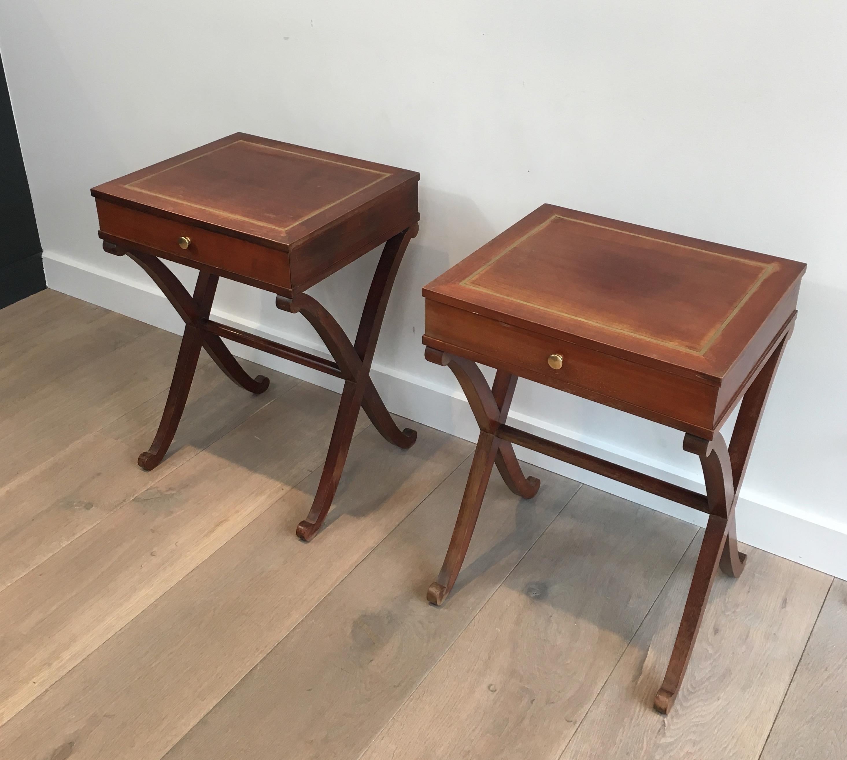 Neoclassical Maison Hirch, Pair of Mahogany and Brass Side Tables, French, circa 1940