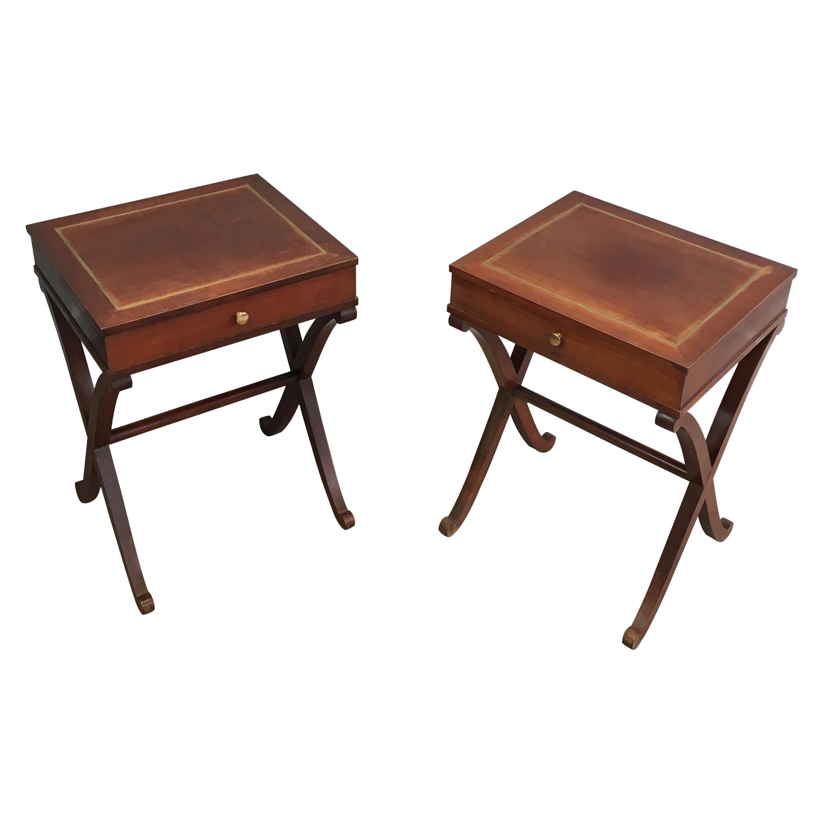 Maison Hirch, Pair of Mahogany and Brass Side Tables, French, circa 1940