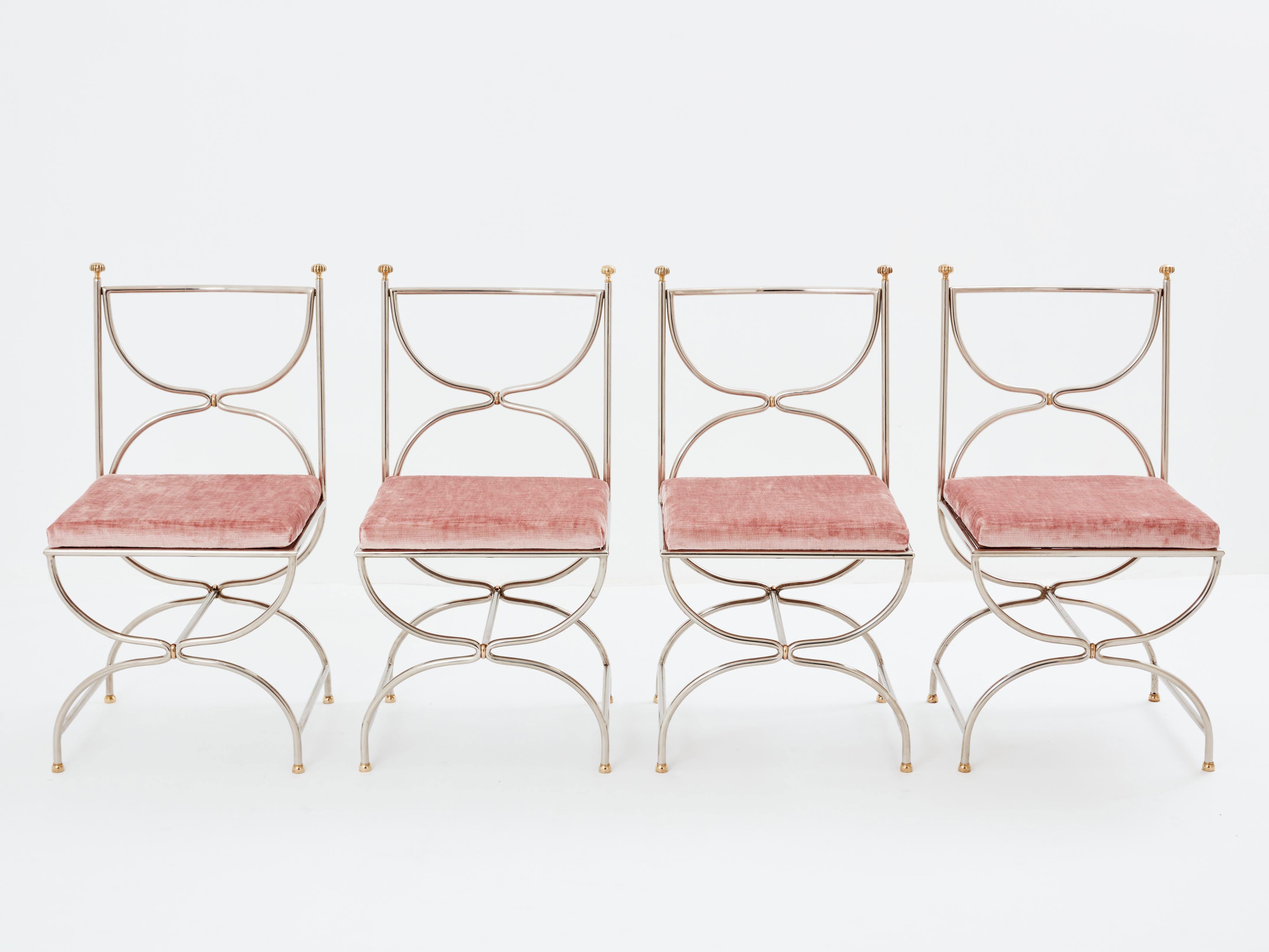 Maison Jansen 12 curule chairs steel brass pink velvet 1960s For Sale 4